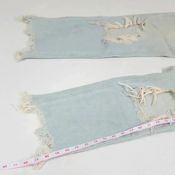 Free People Maggie Straight Leg Mid Rise Distressed Denim Jeans Paradise Blue - Picture 5 of 15
